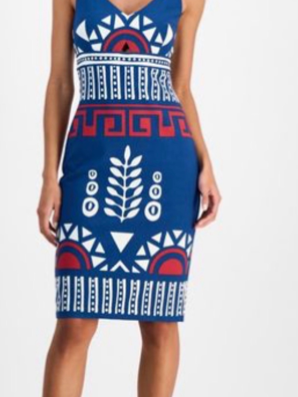 Blue Geo-Print Fit & Flare Dress with White and Red Accents - Picture 2 of 6